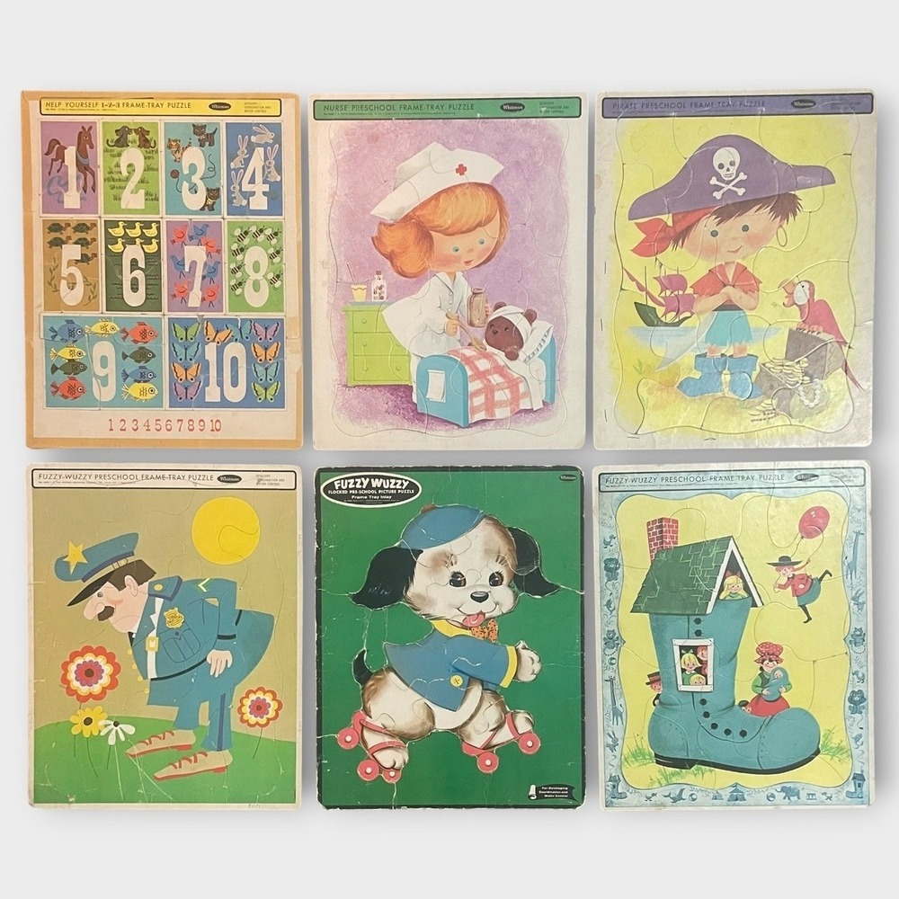 Whitman Fuzzy Wuzzy Vintage Frame Tray Puzzle Lot 6 Preschool Kids 60s MCM Retro
